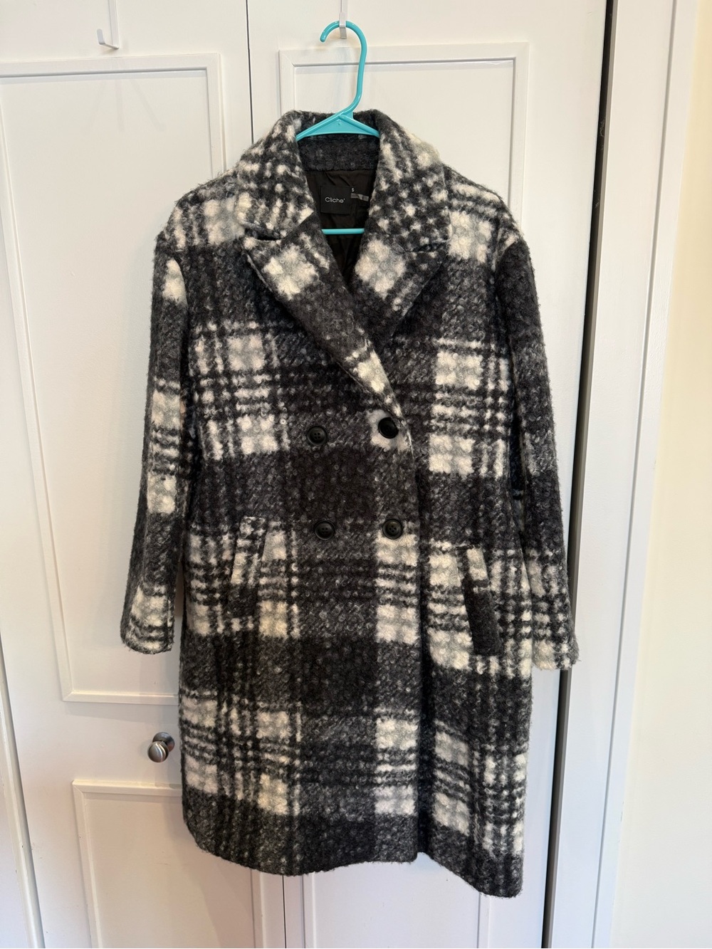 Black & White Plaid Double-Breasted Pea Coat
